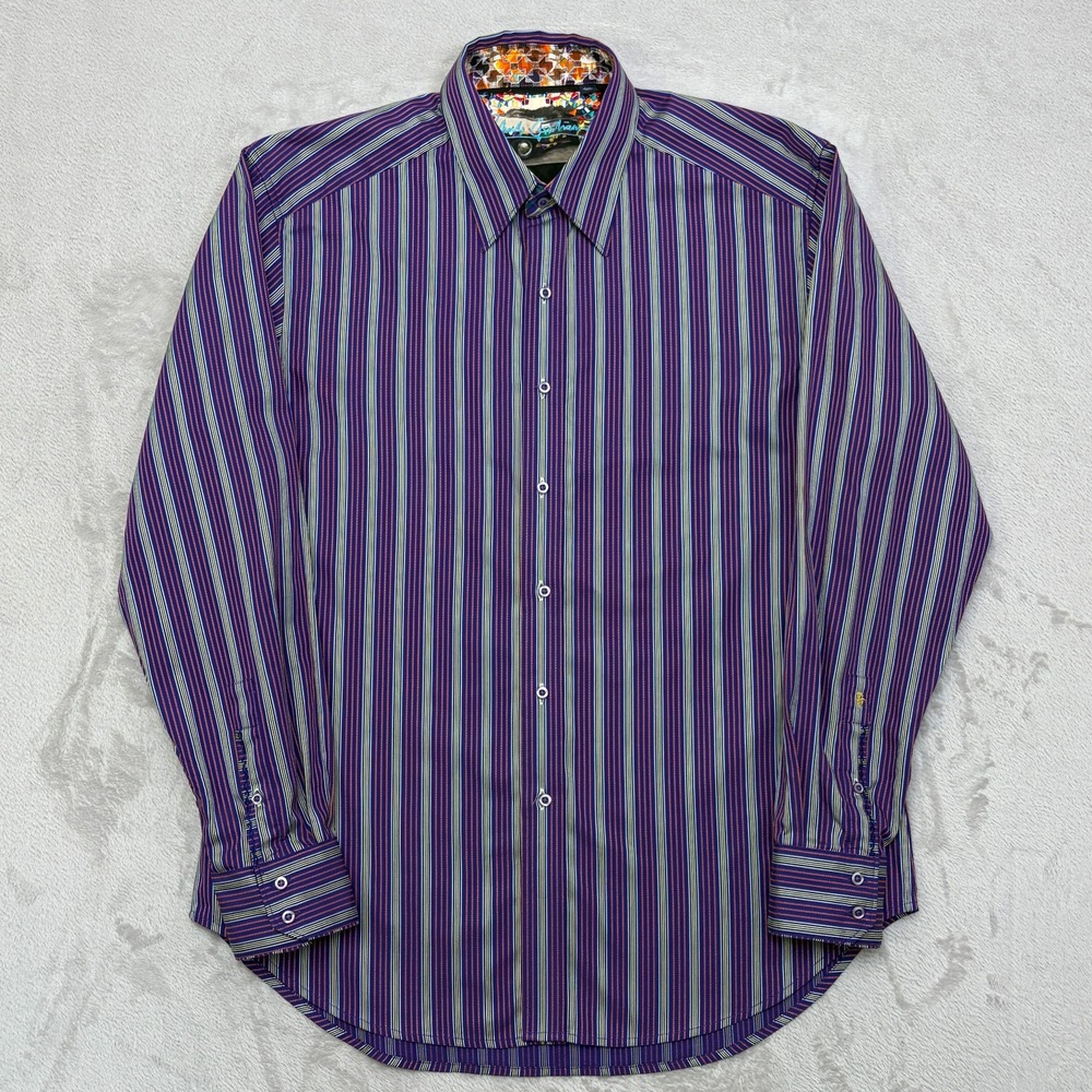 Robert Graham Striped Purple Flip Cuff Button Up Shirt L embroidery paisley